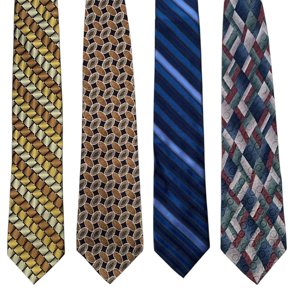 Mens Van Heusen Silk Neckties Geometric Striped Ties Blue Brown Black Lot of 4